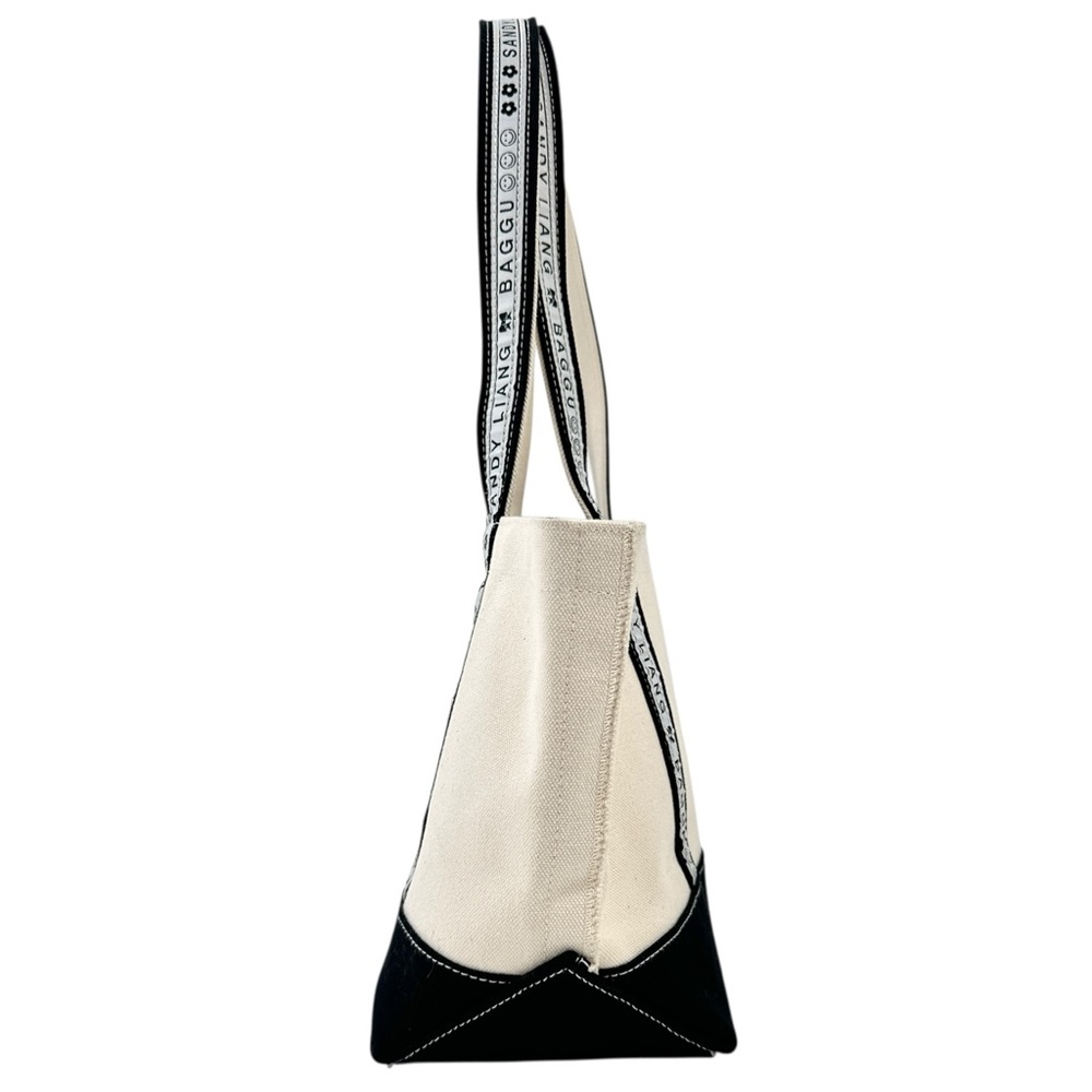 [sold] Sandy Liang x BAGGU Cream Black Canvas Small Shoulder Boat Tote Bag - Picture 5 of 11